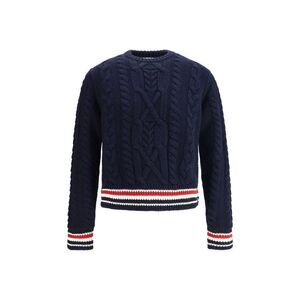 Thom Browne Cable Knit Stripe Trim Sweater Men Blue Sweaters